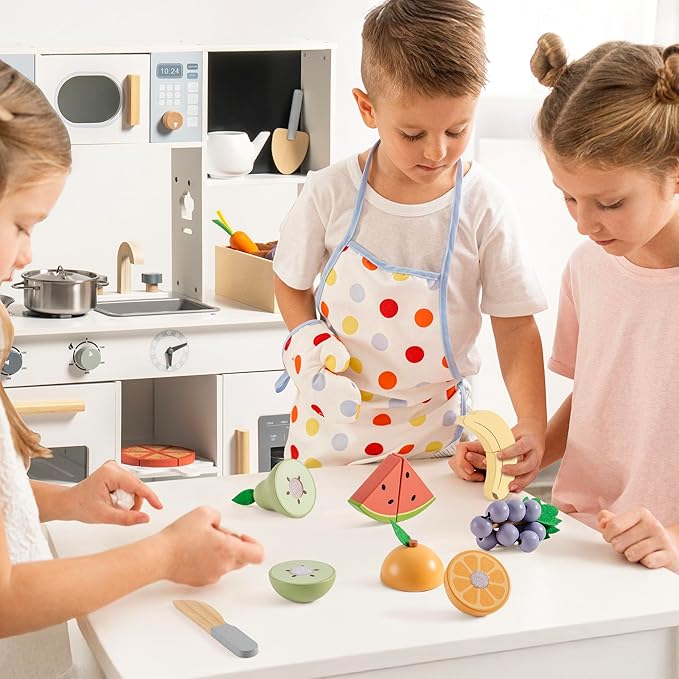 ROBOTIME Wooden Play Food Cutting Fruit Set, Pretend Play Toy Food for Play Kitchen with Shopping Bag – Kids Kitchen Accessories, Wooden Fruit Toys for Kids Boys Girls