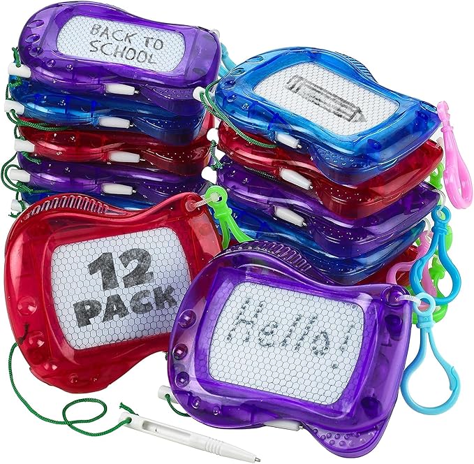 Bedwina Mini Magnetic Drawing Board for Kids - (Pack of 12) Backpack Keychain Clip Drawing Boards, Erasable Doodle Sketch Writing Pad Boys & Girls, Birthday Kids Party Favors