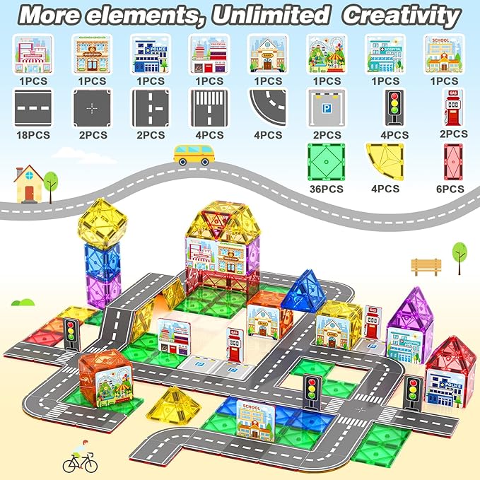 92PCS Magnetic Tiles Build Your Own Live City Toddlers Kids Toys City Road Construction Sensory Toys Preschool Learning Play with Cars Pretend Play Toy Gift for 3 4 5 6 7 Year Old Boys Girls