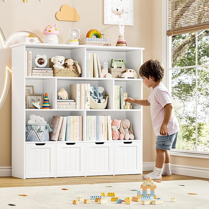 FINETONES Toy Storage Organizer, Kids Bookshelf with 4 Movable Chests and 7 Storage Cubes, Toy Chest Storage with Hidden Wheels, Toy Organizers and Toy Storage, White