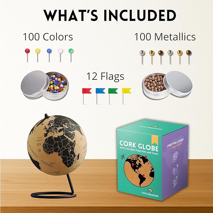 Mini Cork Globe 7.5" Tall | World Travel Map with Metallic & Colored Push Pins | 3D World Map Pin Board for Home or Office | Unique Gift for Travelers, Couples & Families Push Pins Map