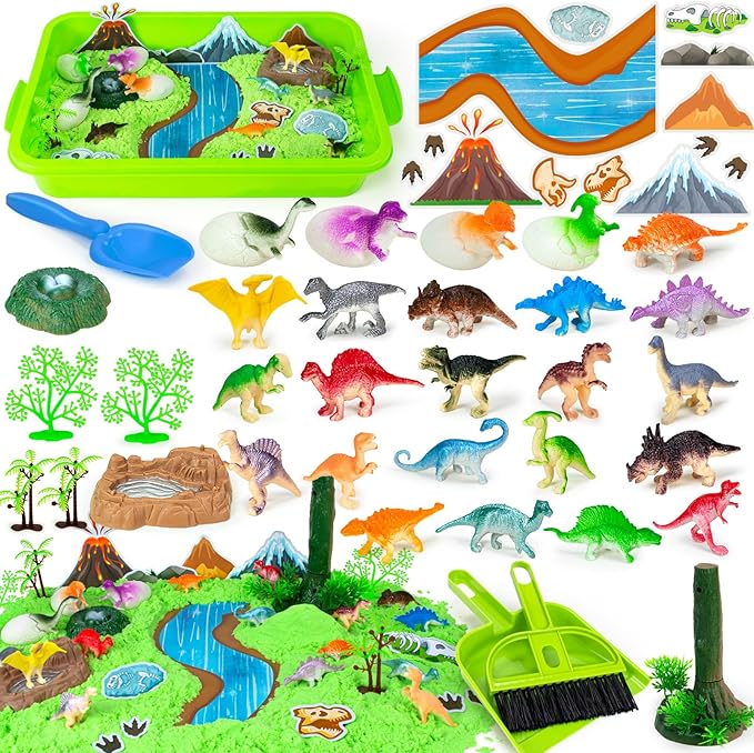 Dinosaur Sensory Bin Toys, 49 Pcs Dinosaur Sandbox Sands Kit with 2.2lb Magic Sand & Dinsoaur Figures,Sandbox with lid, Play Sand Kit, Kid Sensory Bins Birthday Gift for 3 4 5 6 7 8 Years Old