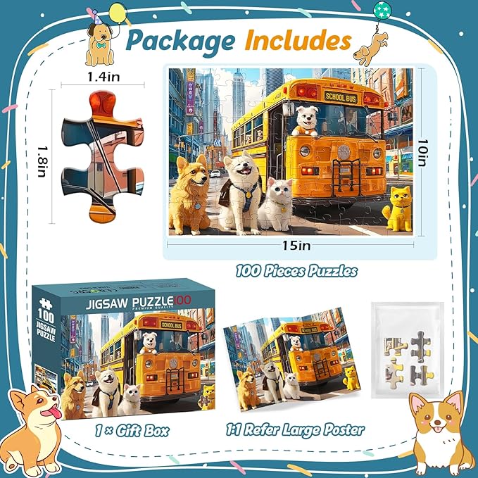 Puzzles for Kids Ages 4-8,100 Piece Puzzles for Kids Dog Cat Puzzle for Kid Ages 4-6 6-8 8-10 Large Piece Jigsaw Puzzle for Children Senior Adult Educational Puzzle Toys Preschool Birthday Gifts