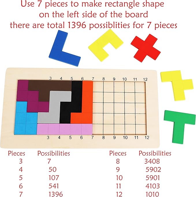 Wooden Pentominoes Puzzle Games - Family Board Games for Kids and Adults- Tangram Geometry Math Pattern Blocks Toys for 6 Years Montessori Learning Toys - Smart IQ Math Brainteaser Puzzle