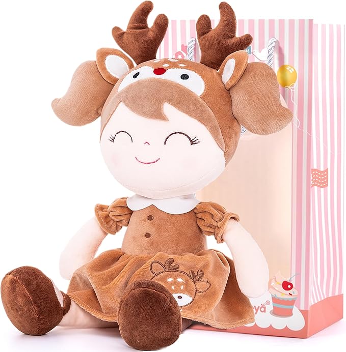 Gloveleya Plush Baby Doll Girl Gifts – 16 Inch Soft Elk Deer Doll with Gift Box, Brown Toddler Girl Birthday Present, Keepsake First Plush Toy for Nursery, Christmas