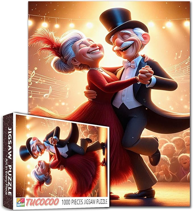 Romantic Elderly Couple Dancing Scene 1000 Piece Jigsaw Puzzle for Adults Students Challenging Colorful Vintage Theater Style Puzzles Artwork Home Wall Decor Brain Training Game Gift 20×27 Inches