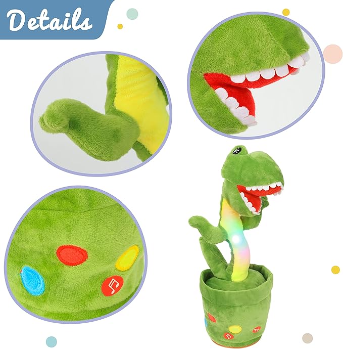 Hopearl Glowing Dancing Dinosaur Repeats What You Say - Talking T-Rex Wriggle Singing Mimicking Twisting Light Up Interactive Animated Speaking Plush Toy - Gifts for Kids, Green, 13''