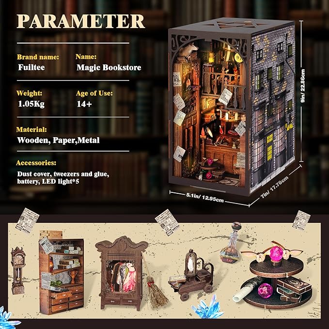 DIY Book Nook Kit, 3D Wooden Puzzle Miniature Booknook Bookend Bookshelf Decor with LED Light, Dust Cover, Book Nook Kits for Adults Teen (Magic Wand Shop)