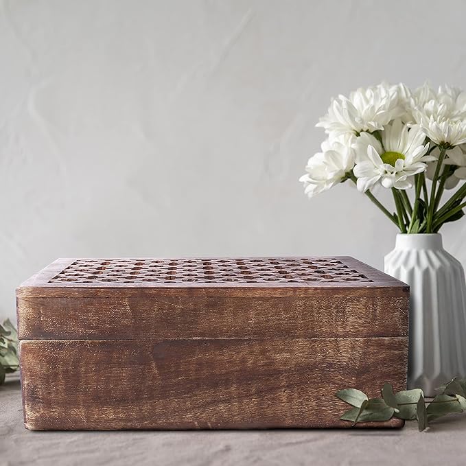 Mela Artisans Wooden Keepsake Box | Medium Polish Mango Wood Memory & Photo Storage Box with Hinged Lid | Decorative Storage Box | Extra Large | 10.5x7.5x4 Inch