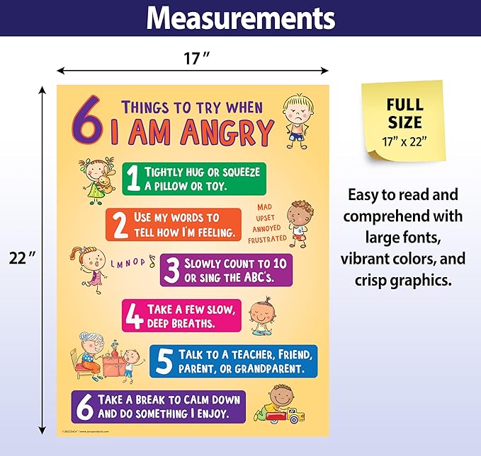 ZOCO – 6 Anger Control Strategies Posters (2-Pack) – Calm Down and Manage Emotions for Toddlers – Classroom Behavior Management for Preschool, Daycare, and Homeschool – Made in USA
