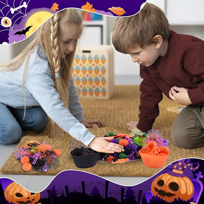 174Pcs Halloween Sensory Bin Filler Fine Motor Toys Horror Sensory Bin Items 100 Pompoms 8 Acrylic Pumkins 8 Witch Hats 8 Spiders 8 Bats 8 Skeleton Men 8 Skull 8 Spider Web 4 Foam Pumkins