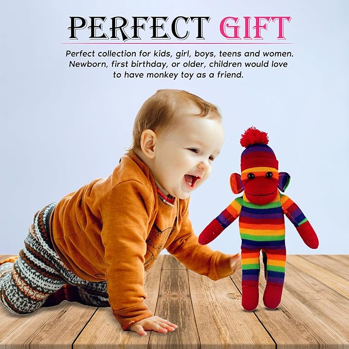 Adorable Sock Monkey, The Original Traditional Hand Knitted Stuffed Animal Toy Gift-for Kids, Babies, Teens, Girls and Boys Baby Doll Present Puppet (16" Rainbow)