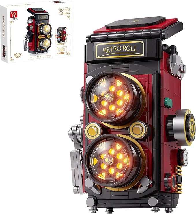 Retro Camera Building Blocks Sets with Lights, DIY Camera Building Toys with Twin-Lens Reflex Design, Unique Collectible Model for Home Decor, Birthday Gift for Adults Boys Age 8-12(719Pcs)
