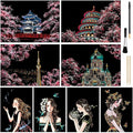 Scratch Art for Kids & Adult, Magic Rainbow Flower Engraving Painting Paper, Landscape Scratchboard(A4) Sketch Beautiful Crafts Set: 8 Sheets with 4 tools - Drawing Pens, Cleaning Brush(Girl / Sakura)
