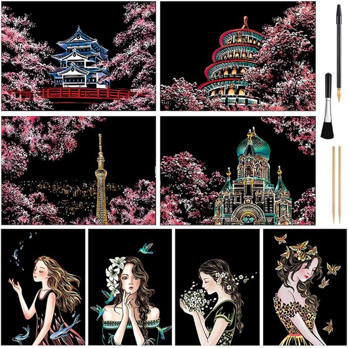 Scratch Art for Kids & Adult, Magic Rainbow Flower Engraving Painting Paper, Landscape Scratchboard(A4) Sketch Beautiful Crafts Set: 8 Sheets with 4 tools - Drawing Pens, Cleaning Brush(Girl / Sakura)