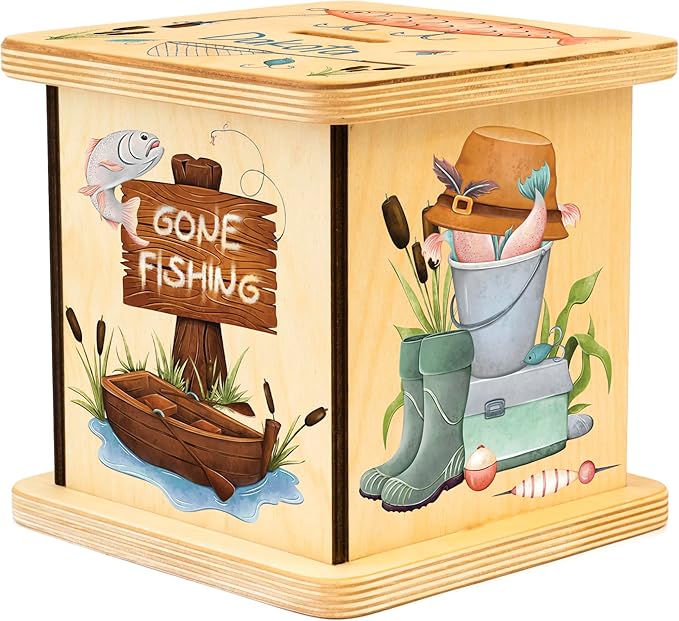 Wooden Piggy Bank for Kids and Adults, Personalized Gift Handmade in USA by BloomOwl, Custom Piggy Bank, Personalized Banks for Kids, Gifts for Baby Boys and Girls (Fishing)