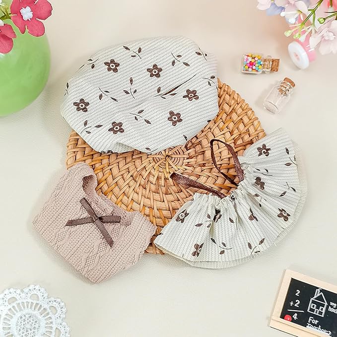 17cm Doll Clothes Set, Compatible with Labubu, Floral Dress with Lace Trim, Headband & Bear Charm Accessory (NO Doll) (Brown Floral)