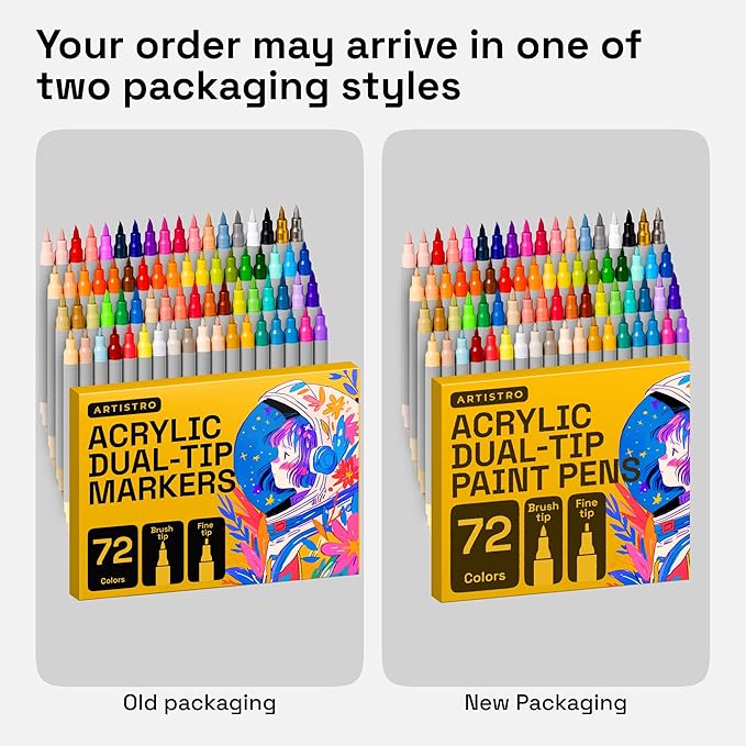 ARTISTRO 72 Dual Tip Brush + Fine Acrylic Paint Pens Ideal for Calligraphy - Paint Markers for Fabric, Rock, Glass, DIY - Stocking Stuffers, Christmas Gift Idea for Teens, Grandkids, Kids