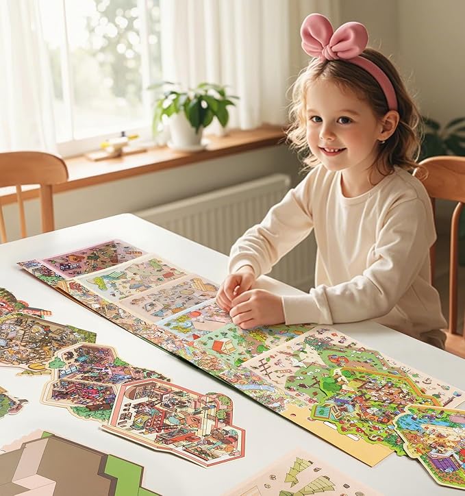 DIY 3D House Stickers, 4 Sets Fun DIY Stickers Scene Make Your Own Mini House Cute Cartoon Animal Scene Stickers for Kids Adult Sticker Art Relief Stress Pass The Time- Large Size