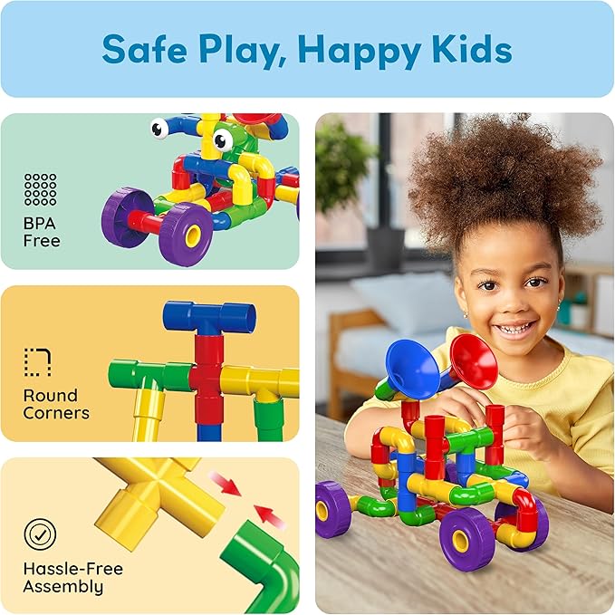 PicassoTiles PTT136 136pcs Tubular Pipes & Spout STEAM Interlocking Educational Building Block Set, Tube Locks, Pipeworks Construction Blocks w/Storage Container Box, Idea Book, Flute Musical Kit