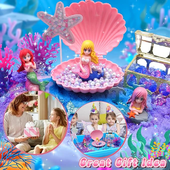 CORPER TOYS Ocean Mermaid Sand Art Kit for Kids with Magic Sand, Seashell & Treasure Accessories Sensory Bin Toys for Toddlers Girls Gift for Birthday Christmas