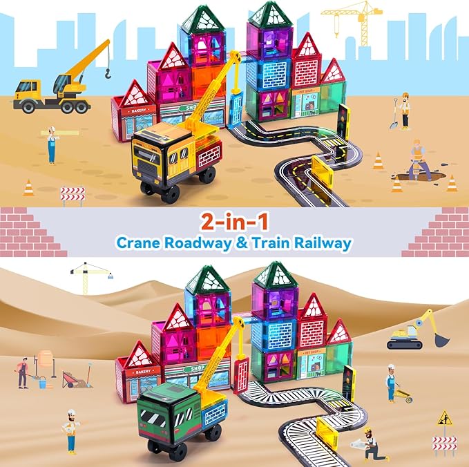 Theefun 70pcs Magnetic Tiles Road Set with Crane & 2 Cars Magnetic Blocks Double Side City STEM Construction Toy Gifts for Kids 3+ Years Old, Include 56 Magnetic Blocks, 13 Magnet Toppers, 1 Bag