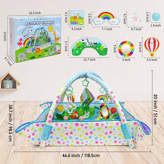 Dr.Rapeti Baby Play Gym Mat Animal Planet with Ball Pit Activity Gym Center Tummy Time Mat Thickened Mat Sensory Exploration Motor Skill Development for Newborn Infant Baby Toddler for 0+