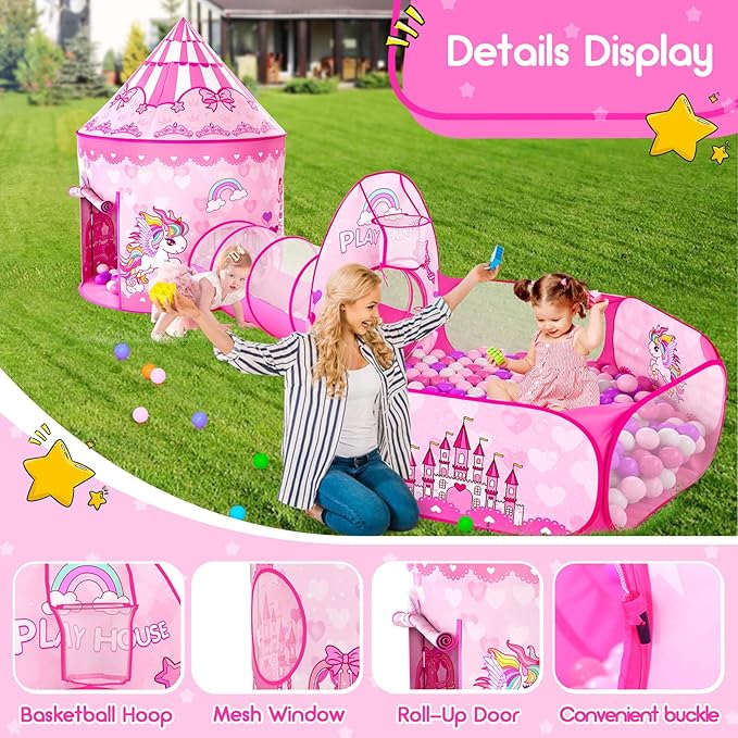 3pc Kids Play Tent for Girls with Ball Pit, Crawl Tunnel, Princess Tents for Toddlers, Baby Space World Playhouse Toys (3PC Princess Dream Tent)