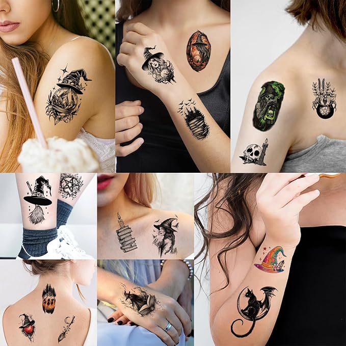 77 Sheets Halloween Temporary Tattoos Adults Women Men Witch Makeup, Death Skull Black Cats Witch Hats Half Arm Halloween Fake Tattoos, Bat Scary Tattoos for Halloween Costume