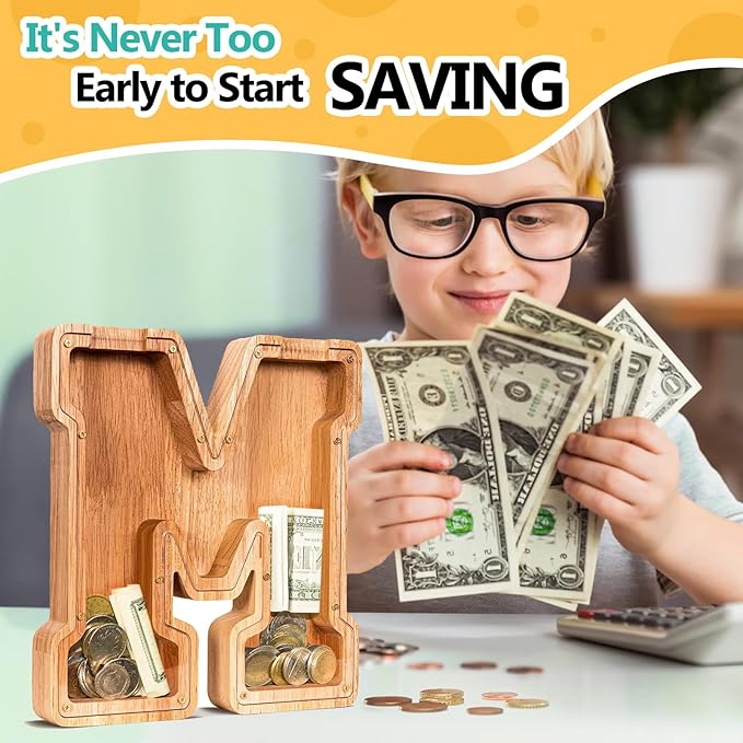 SummiDate Wooden Letter Piggy Bank| Piggy Bank for Boys Girls Toddler| Alphabet M Money Bank| Coin Bank Birthday Gift for Kids|Birthday Gift for Kids (M)