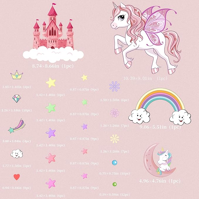 Glow in The Dark Stars Unicorn Wall Decals, Castle Moon Rainbow Stickers for Ceiling, DIY Unicorn Wall Decor for Nursery Girls Playroom, Kids Christmas Birthday Party Decoration