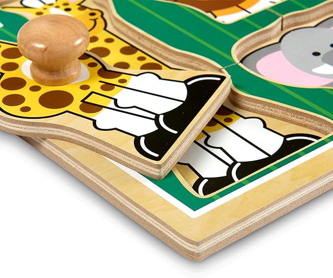 Melissa & Doug Jungle Friends Safari Animals Jumbo Knob Puzzle, Wooden Peg Puzzle for Toddlers, Educational Toy for Shape Recognition and Fine Motor Skills, Ages 1+
