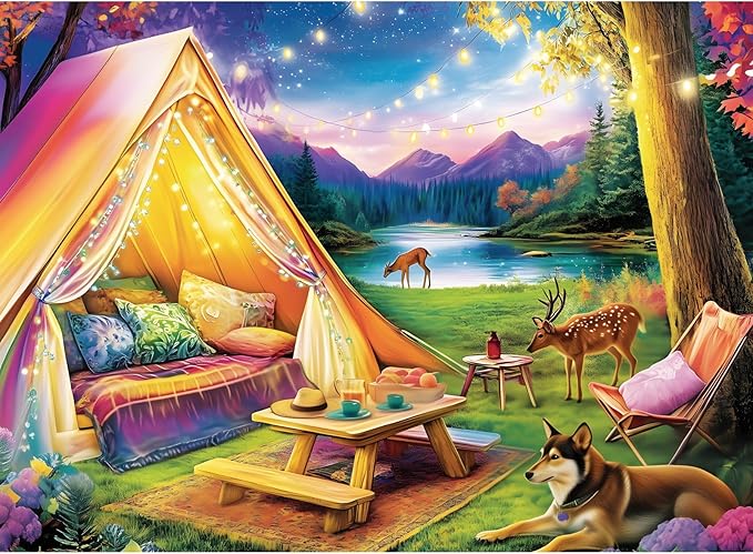 500 Piece Puzzle for Adults, Dreamy Forest Camping Puzzles for Adults Kids Senior, Starry Sky, Lake and Cute Deer Jigsaw Puzzles, Challenging Puzzle Perfect Game Nights for Family Friend 20.5 X 15 in