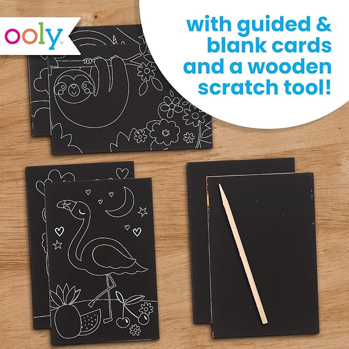 Ooly Mini Scratch & Scribble Art Kit - 6 Card Rainbow Scratch Art Set Gifts for Kids, Travel-Friendly Craft Kit, Scratching Tool Included - Funtastic Friends