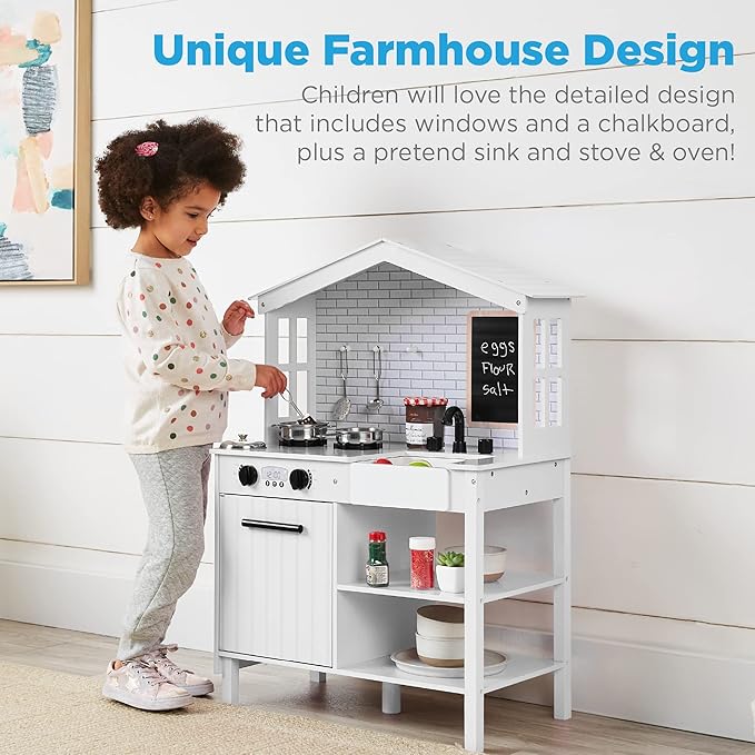 Best Choice Products Farmhouse Play Kitchen Toy, Wooden Pretend Set for Kids w/Chalkboard, Marble Backdrop, Windows, Storage Shelves, 5 Accessories Included - White