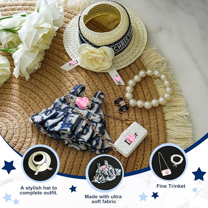 17cm Doll Clothes Set with Fashion Accessories - Premium Luxury Baby Doll Outfits & Designer Clothes Bundle, Unique Fashion Style Dresses with Hat & Pearl Necklace & Bag Accessories(Blue)