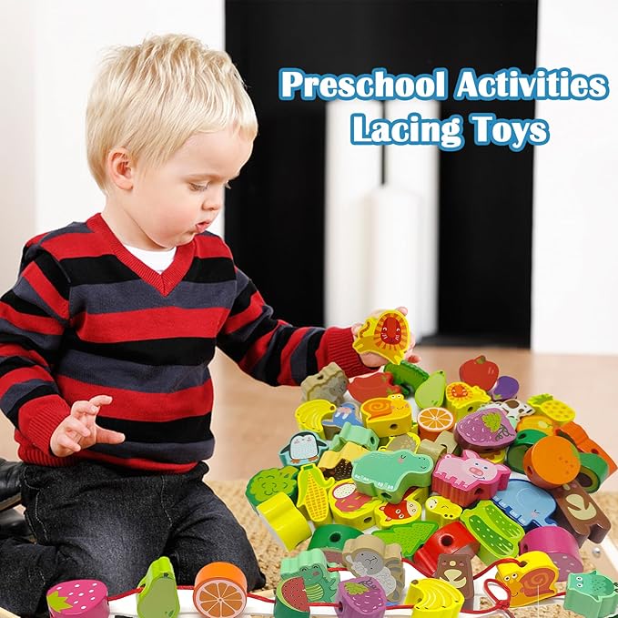 46 PCS Wooden Lacing Beads,Animals Fruits Threading Toys for Toddlers,Preschool Learning Lacing Toys,Montessori Educational Stringing Threading Beads Toys for Kids 3 4 5 6 Year Old Boys Girls