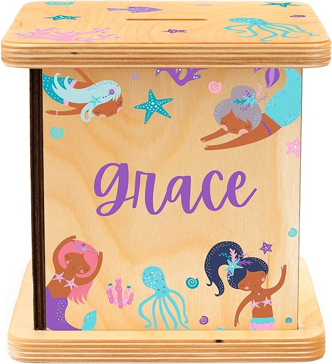 Wooden Piggy Bank for Kids and Adults, Personalized Gift Handmade in USA by BloomOwl, Custom Piggy Bank, Personalized Banks for Kids, Gifts for Baby Boys and Girls (Mermaid)