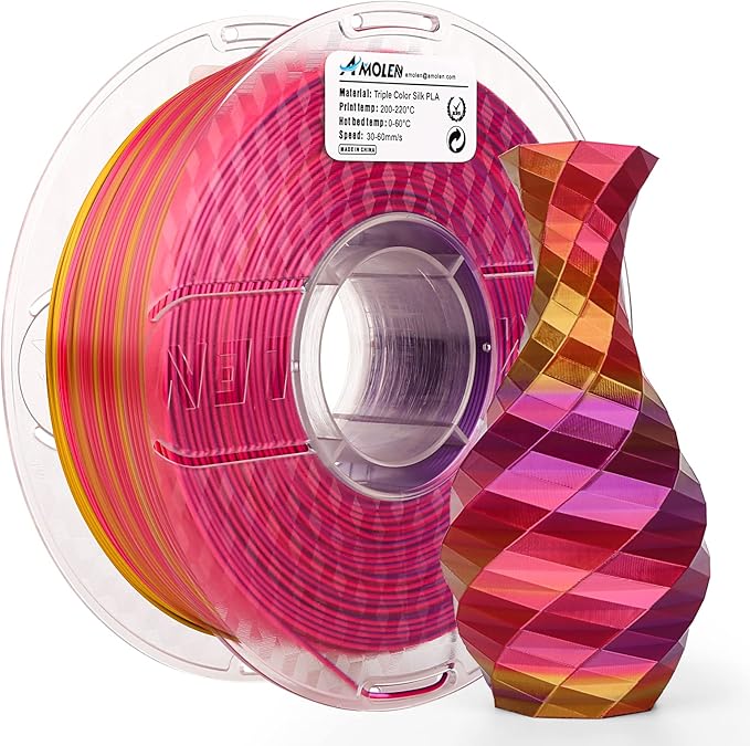 AMOLEN Silk PLA 3D Printer Filament, Triple Colors Coextrusion Purple Red Gold PLA 1.75mm, Shiny Color Change Filament 3D Printing PLA Filament for Most FDM 3D Printer, 1kg Spool(2.2lbs)