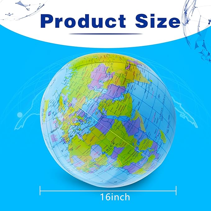 12 Pack 16 inches Inflatable Globe Blow up World Globe PVC Earth Beach Ball Globe for Kids Party Bags Swimming Pool Game Geography Classroom Playing or Teaching Party Favors Decorations