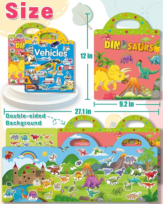 2 Pack Vehicle Dinosaur Reusable Sticker Book for Toddlers 2-4 Years, Toddler Sticker Book for Kids, Toddler Activities Crafts Preschool Learning Travel Birthday Gifts for Boys Girls