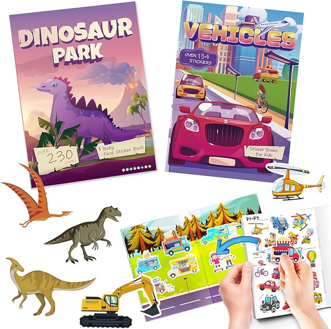 Sticker Book for Kids, 230+ Dinosaur & 134+ Vehicle Stickers & 16 Scenes, Reusable Activity Sheet, Seek and Find Sticker Coloring Pad, for Boys Girls Toddlers Ages 2-4 4-8 Years Old 3-5 6-7