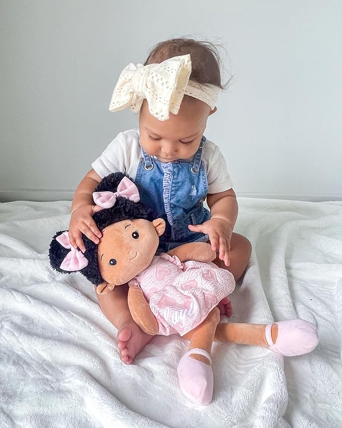 LeyaDoll Soft Baby Doll Toys (16''), My First Baby Rag Doll for 1 Year-Old Girl Birthday Gift, Christmas Plush Toys Gift for Toddler Kids Infants-Sweetheart(Double Buns Tanned)