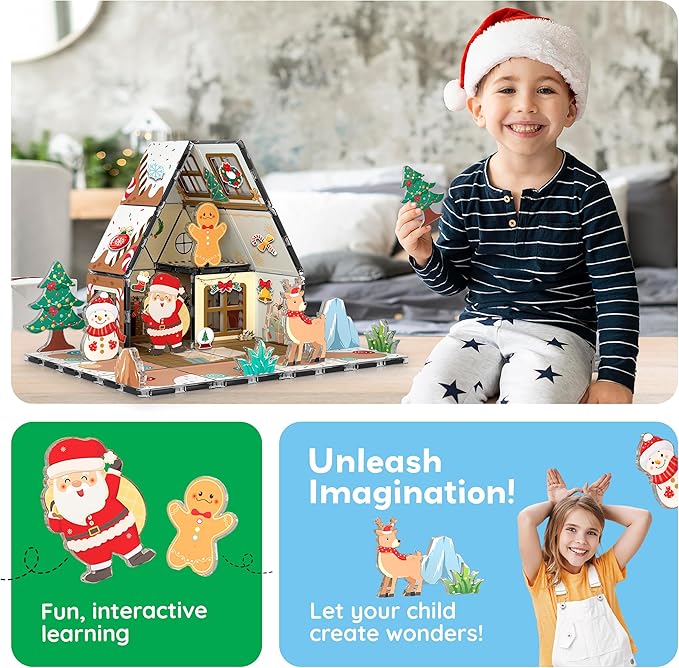 PicassoTiles Magnetic Tiles Gingerbread House Holiday Character Action Figures Santa, Snowman, Deer Winter Theme Construction Kit Magnet Building Blocks STEM Learning Gifts Toddler Toys Ages 3+ PTQ09