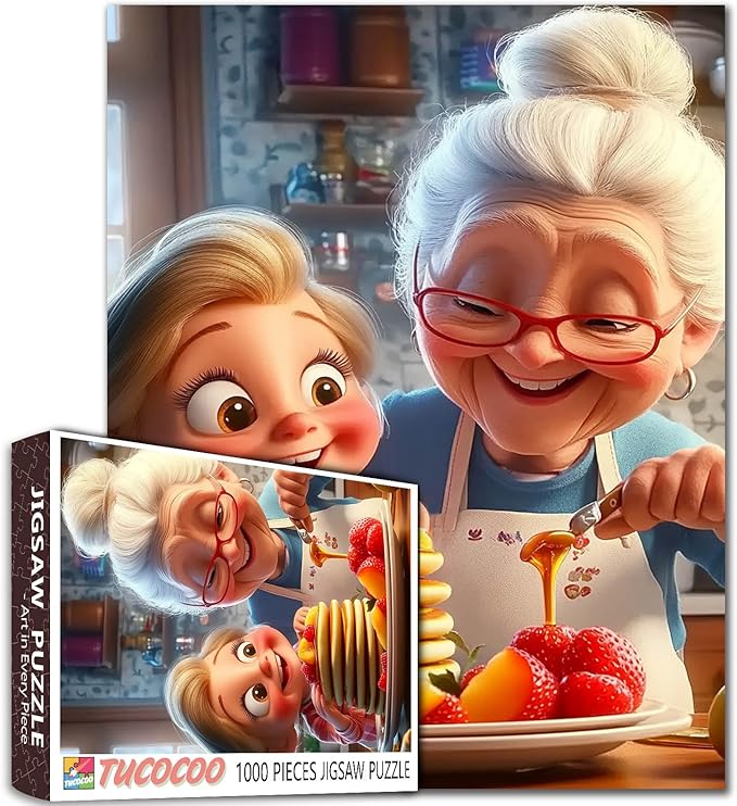 1000 Piece Jigsaw Puzzle for Adults Students Grandma and Granddaughter Making Pancakes in Kitchen Puzzles Happy Family Scene Vibrant Colors Art Home Decor Size 20X27 Inches Fun Gift Jigsaw Game