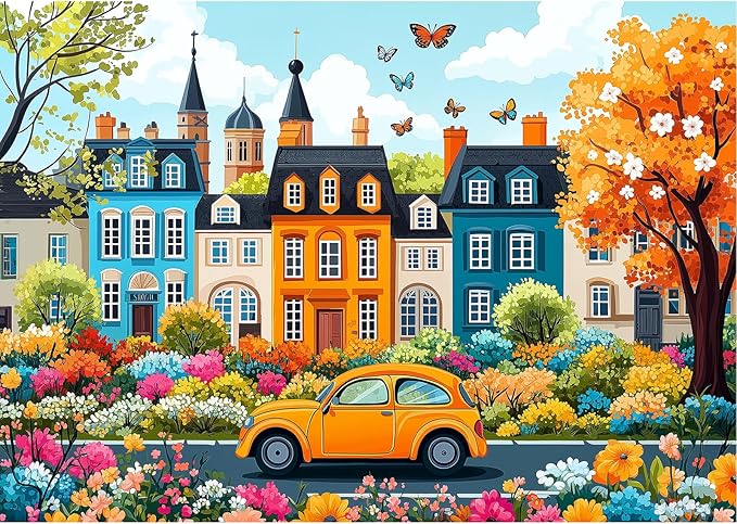 Colorful City Street Jigsaw Puzzles for Adults 500 Pieces Spring Vintage Car and Flower Garden Scene Puzzle Family Challenging Funny Puzzle Perfect for Game Nights(21"x15")