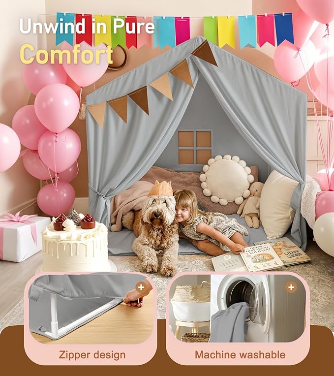 Kids Tent, Play Tent with Star Lights, Large Play Tents with 2 Windows, Kids Playhouse Indoor & Outdoor, Reading Nook, Christmas Toddler Tents for Girls & Boys, 52" x35" x 51", Gray