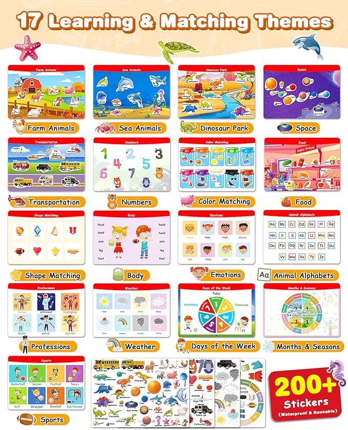 Montessori Busy Book & Tracing Activity Coloring Books & Jelly Stickers 3-in-1 for Toddlers 3-5, Preschool Learning Activities Book with 35 thems ,Autism Sensory Toys, Travel Christmas Birthday Gifts