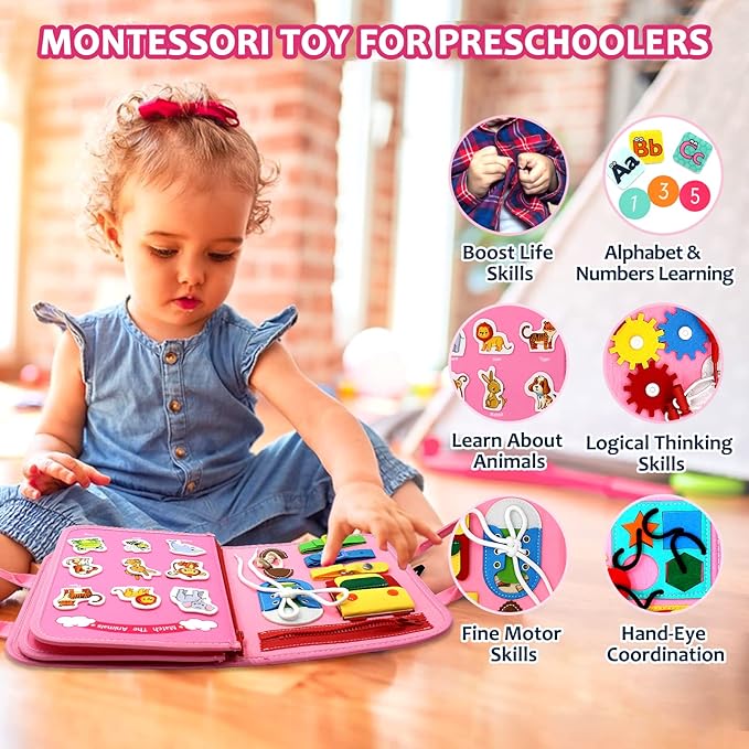Qizfun Busy Board Montessori Toy for Toddlers, Educational Sensory Learning Toy for Fine Motor Skills, Preschool Travel Toy for Airplane & Car, Gifts for Boys and Girls (Pink/P4)