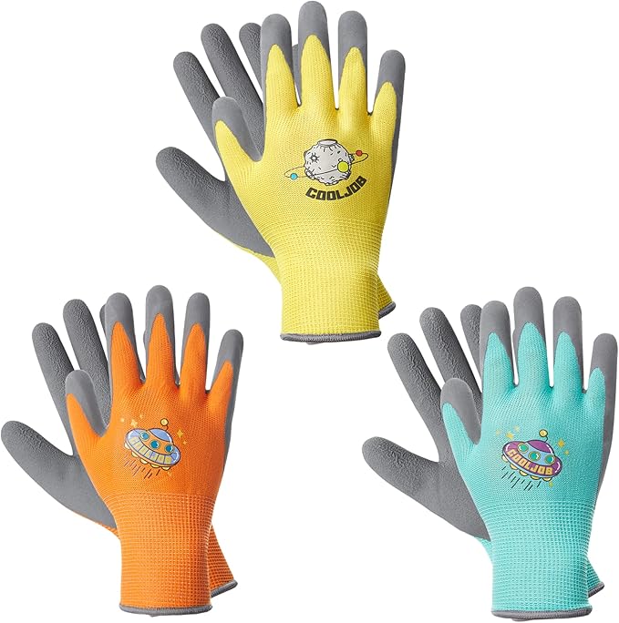 COOLJOB 3 Pairs Kids Gardening Gloves for Age 3-5, Children Grippy Rubber Coated Garden Work Gloves, Orange & Green & Yellow, Small Size (3 Pairs S)